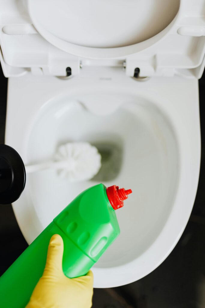 Cleaner using bleach and hard brush to clean toilet | Domestic Cleaning in North West Leicestershire